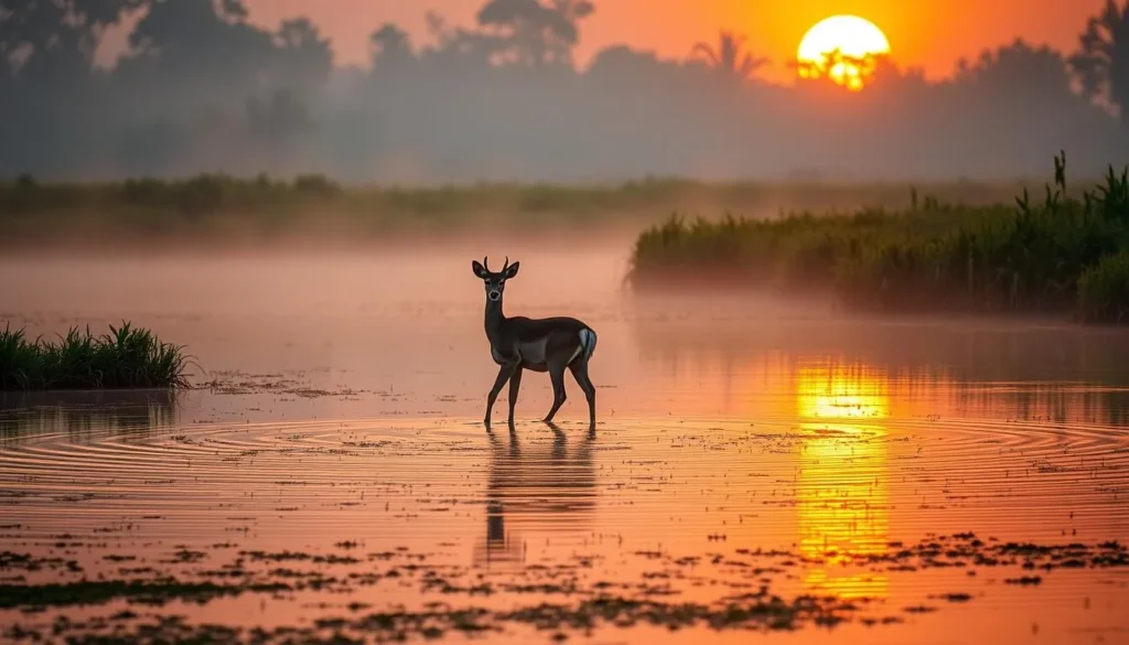 Marsh deer standing in shallow water of Ibera wetlands at sunrise
