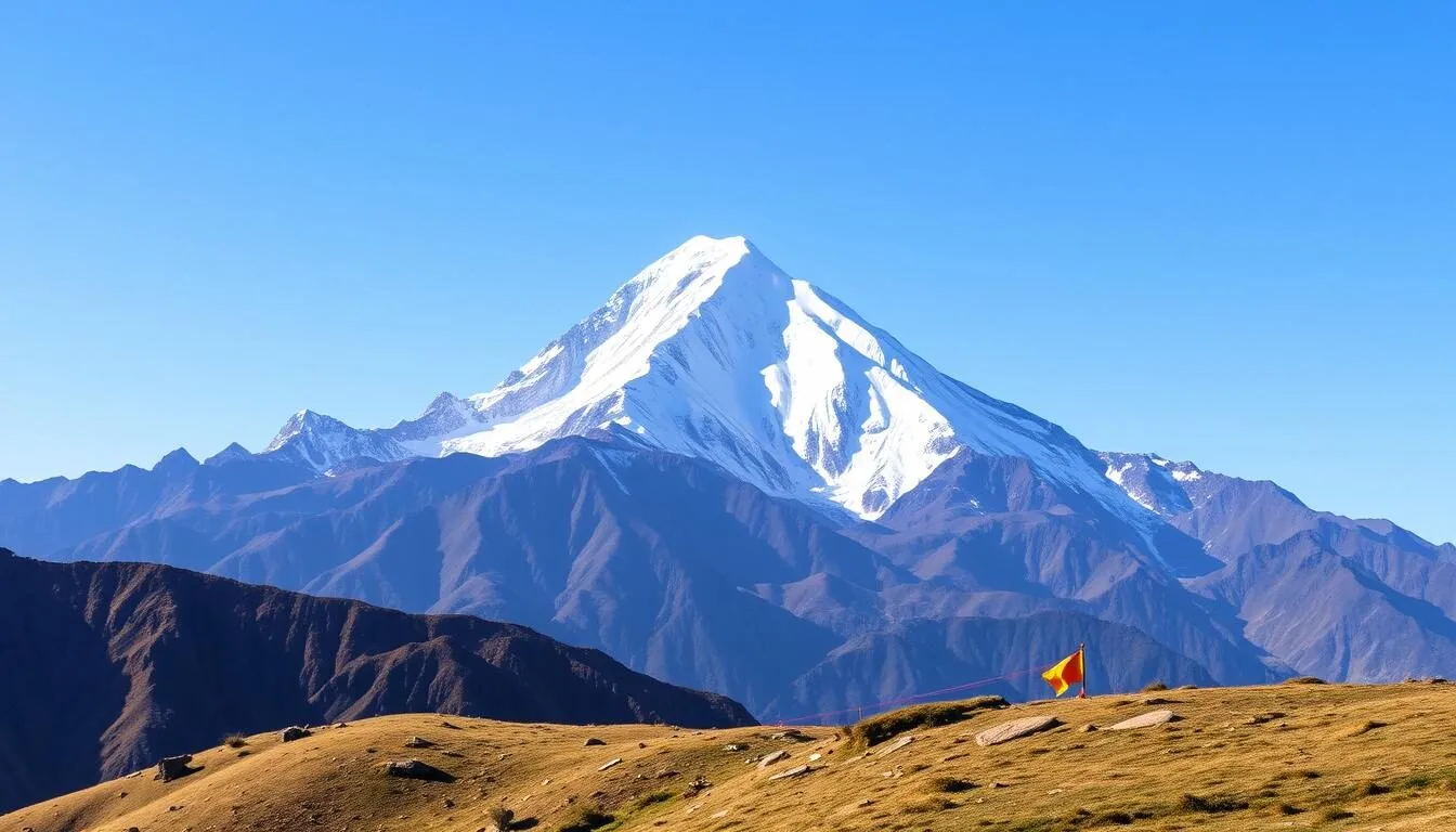 Masagang mountain peak in Bhutan with snow-capped summit against blue sky