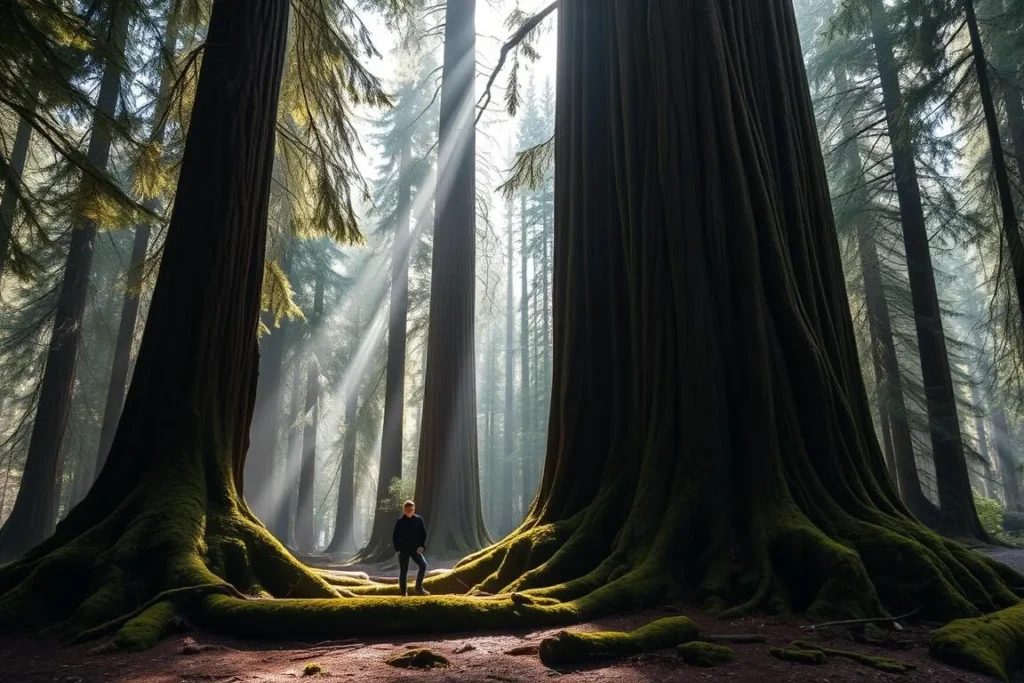 Massive ancient alerce trees in Pumalin Park Chile with person for scale