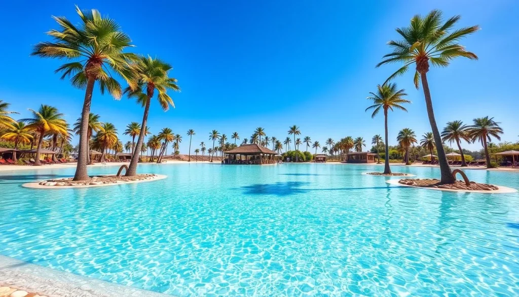 Mataranka Thermal Pool during dry season with perfect blue waters and palm trees
