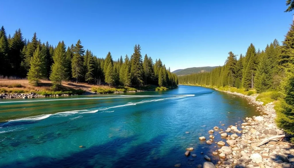 McKenzie River with clear blue water and surrounding forest near Springfield McKenzie River with clear blue water and surrounding forest near Springfield