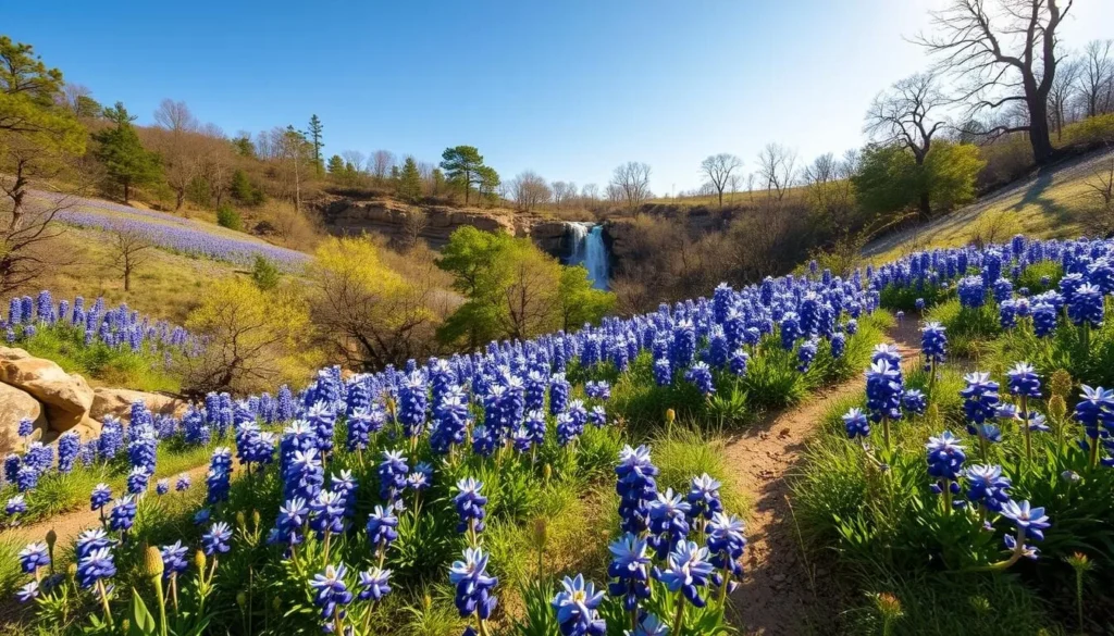 McKinney Falls State Park in spring with bluebonnets and other wildflowers blooming along the trails McKinney Falls State Park in spring with bluebonnets and other wildflowers blooming along the trails