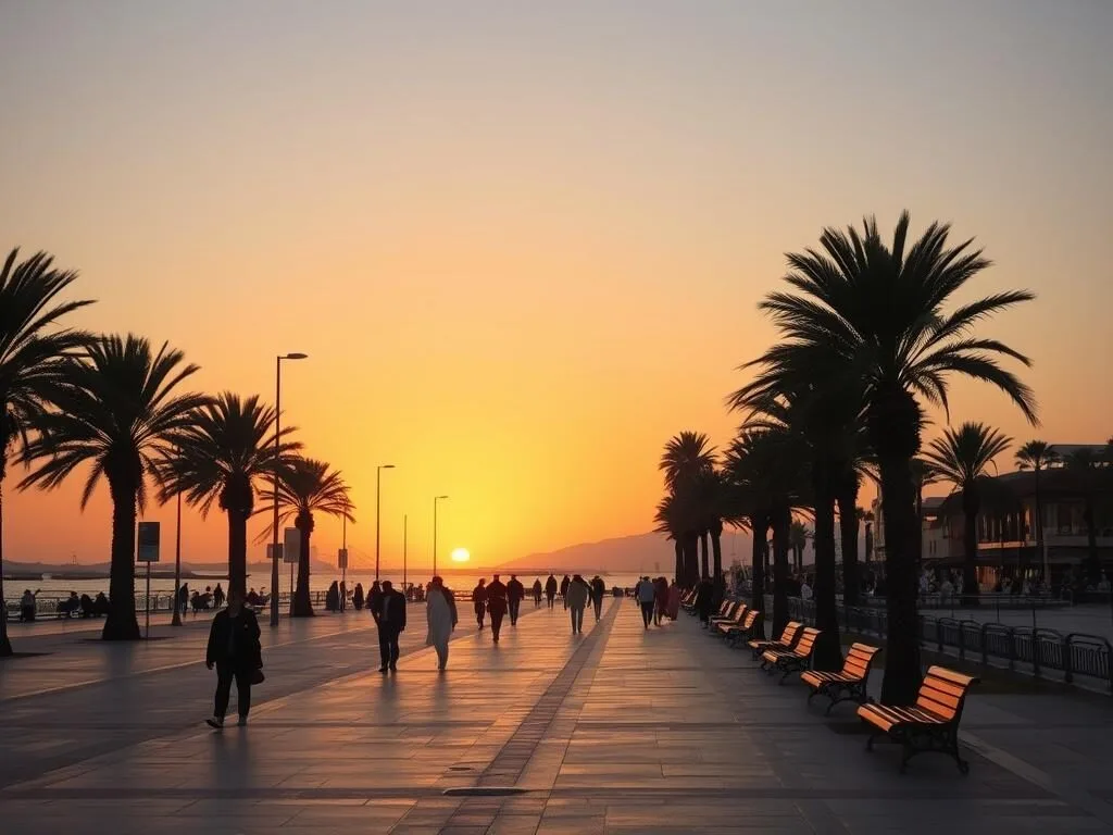 M'diq Morocco corniche at sunset with people strolling along the Mediterranean waterfront