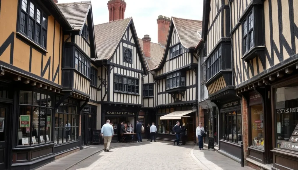 Medieval Spon Street in Coventry with preserved timber-framed buildings