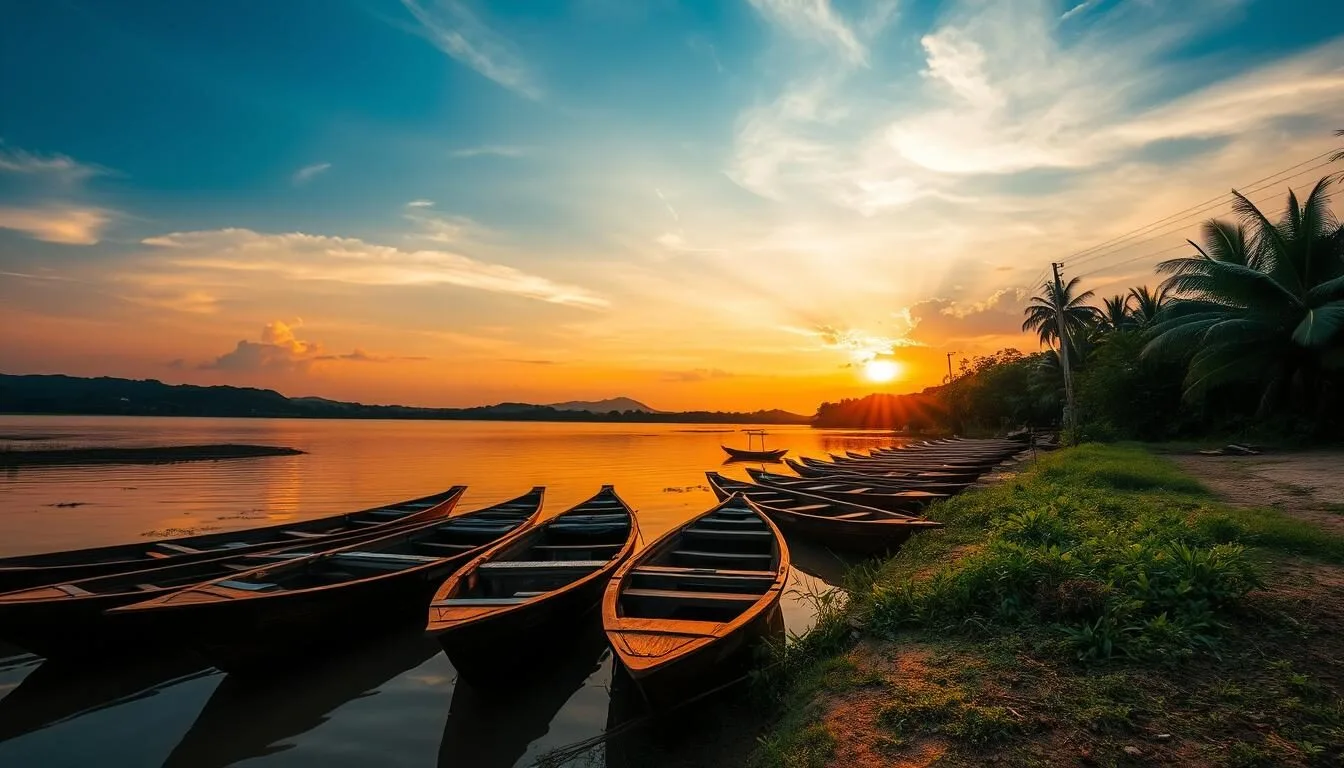 Mekong River sunset view near Pakxan, Laos with traditional boats and lush greenery