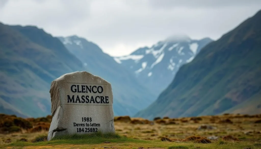 Memorial to the Glencoe Massacre with mountains in background
