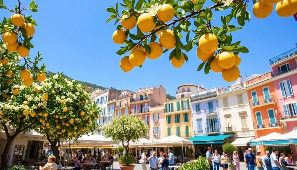 Menton France in spring with lemon trees in bloom and visitors enjoying outdoor cafes under sunny skies
