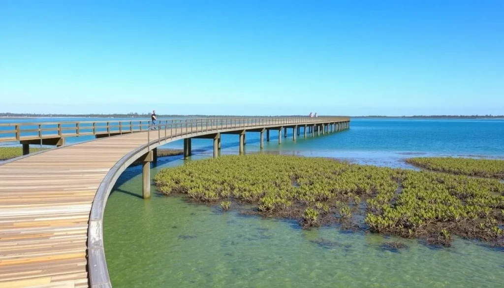 Merimbula Boardwalk stretching across the lake with mangroves and water views