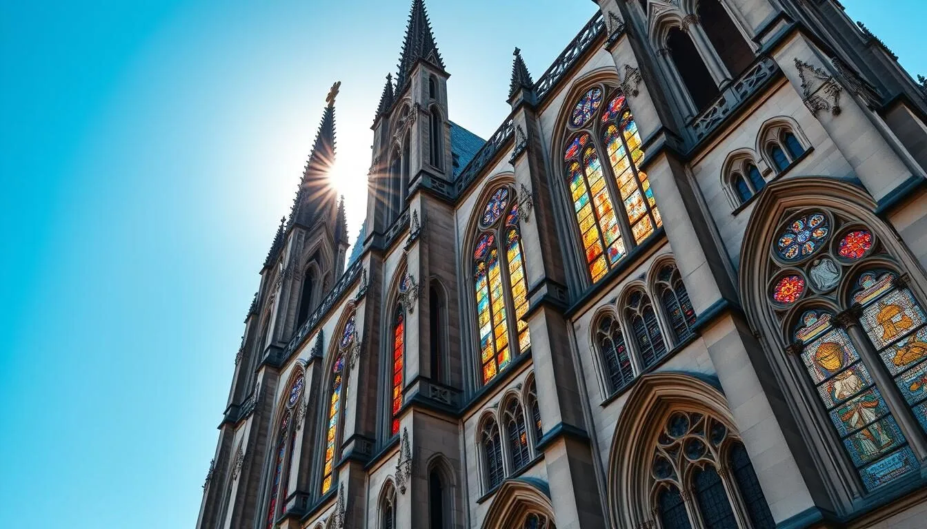Metz Cathedral with sunlight streaming through stained glass windows on a clear summer day