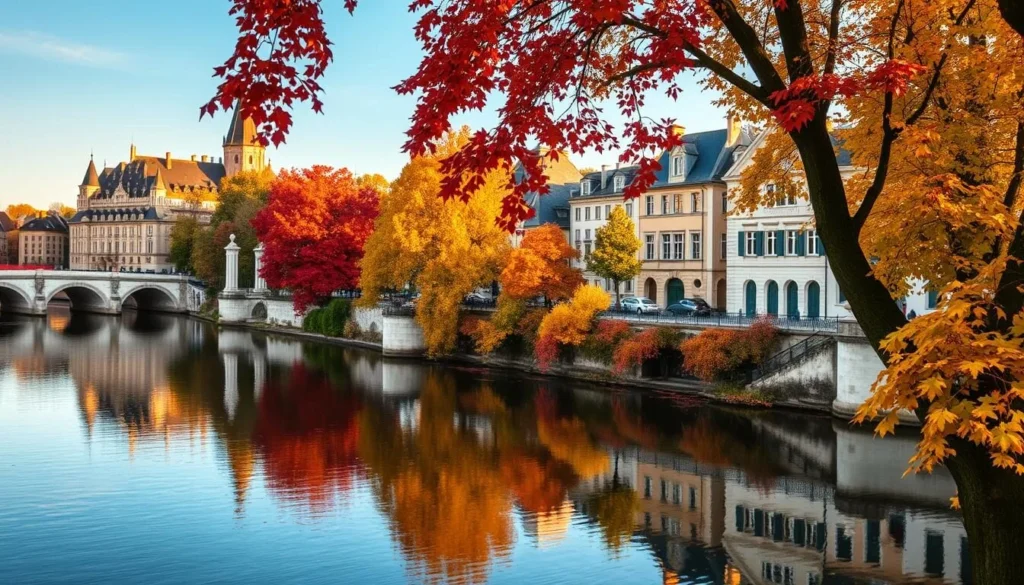 Metz France in autumn with colorful foliage along the Moselle River
