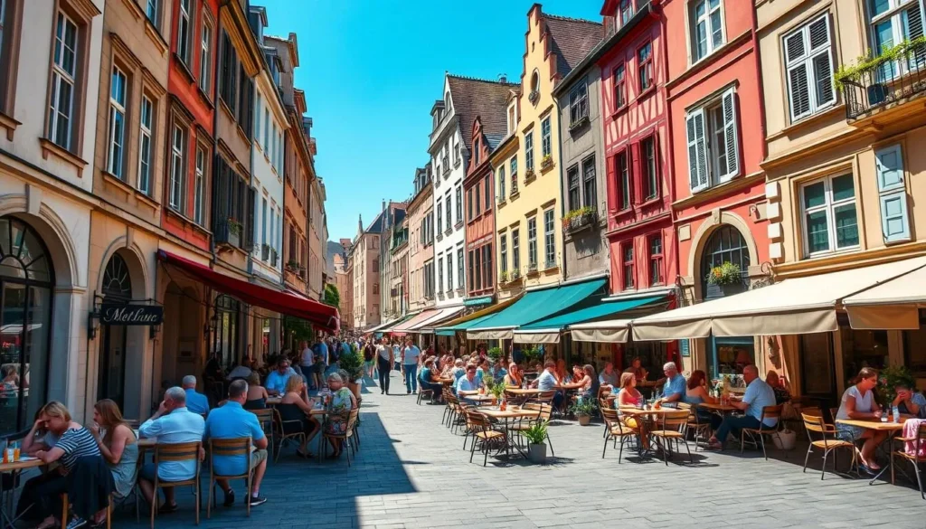 Metz France in summer with outdoor cafes and sunny weather