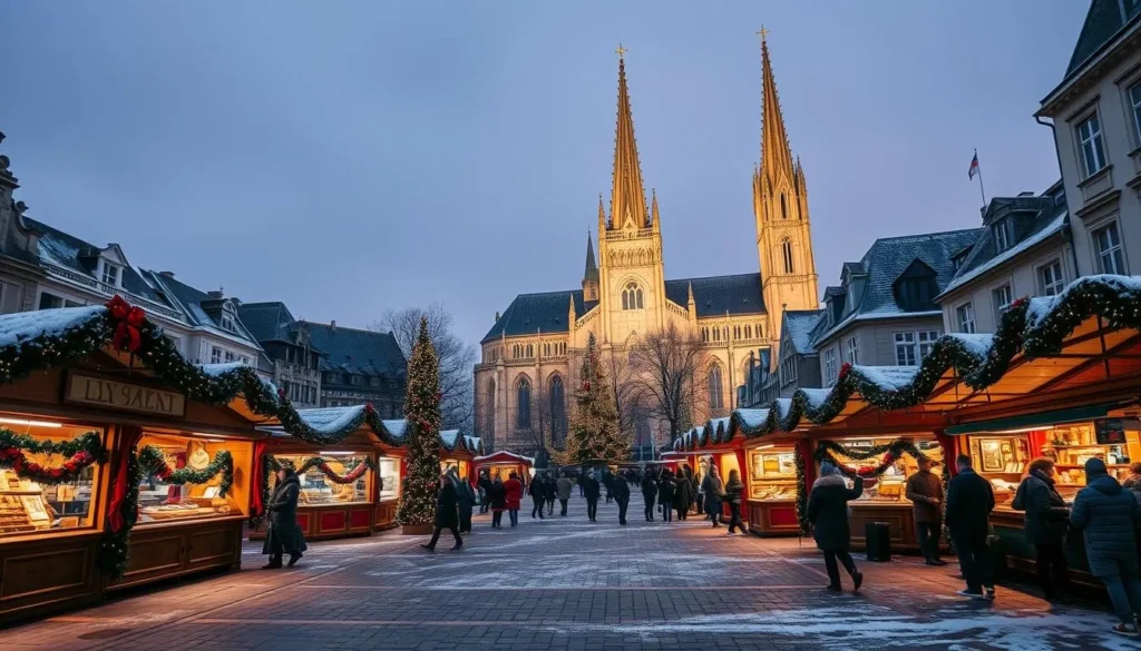 Metz France winter scene with Christmas markets and light snow