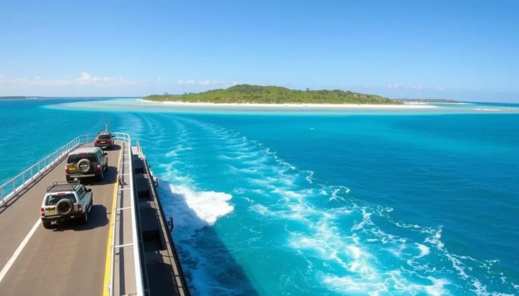 Micat ferry approaching Moreton Island Queensland with 4WD vehicles on board