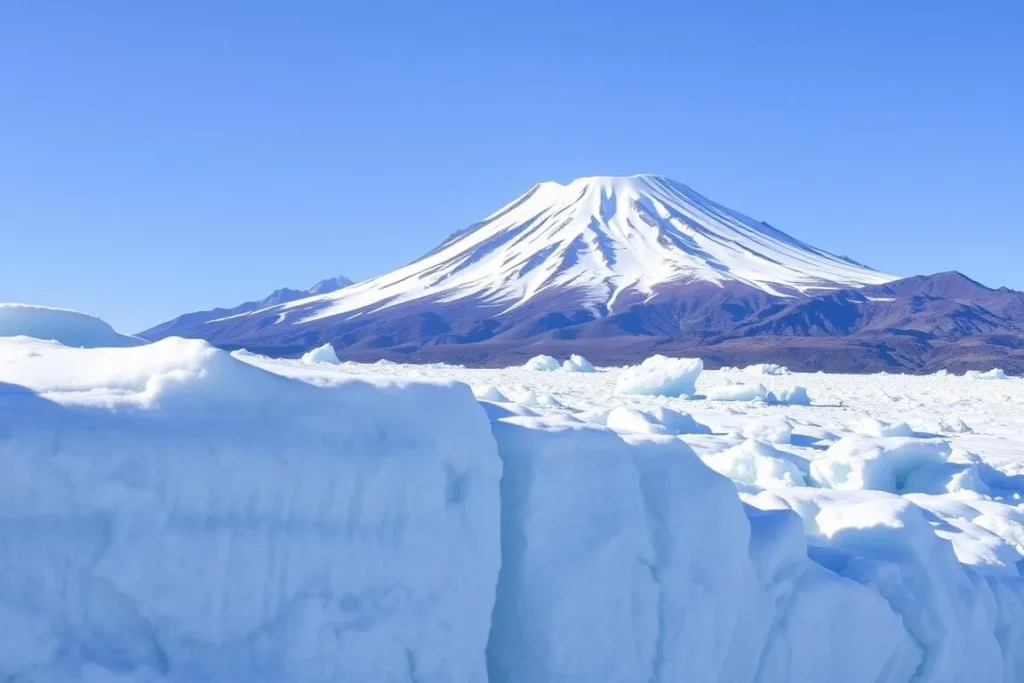 Michinmahuida Glacier in Pumalin Park Chile with snow-capped volcano in background