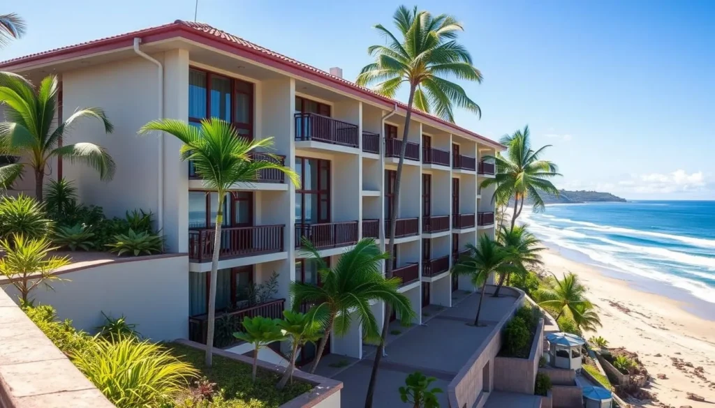 Mid-range hotel in Tonsupa with balconies overlooking the beach and mountains