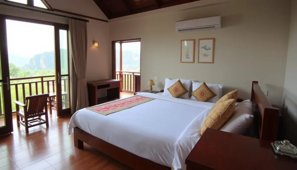Mid-range hotel in Vang Vieng with balcony views of karst mountains, accommodation options for Vang Vieng, Laos things to do