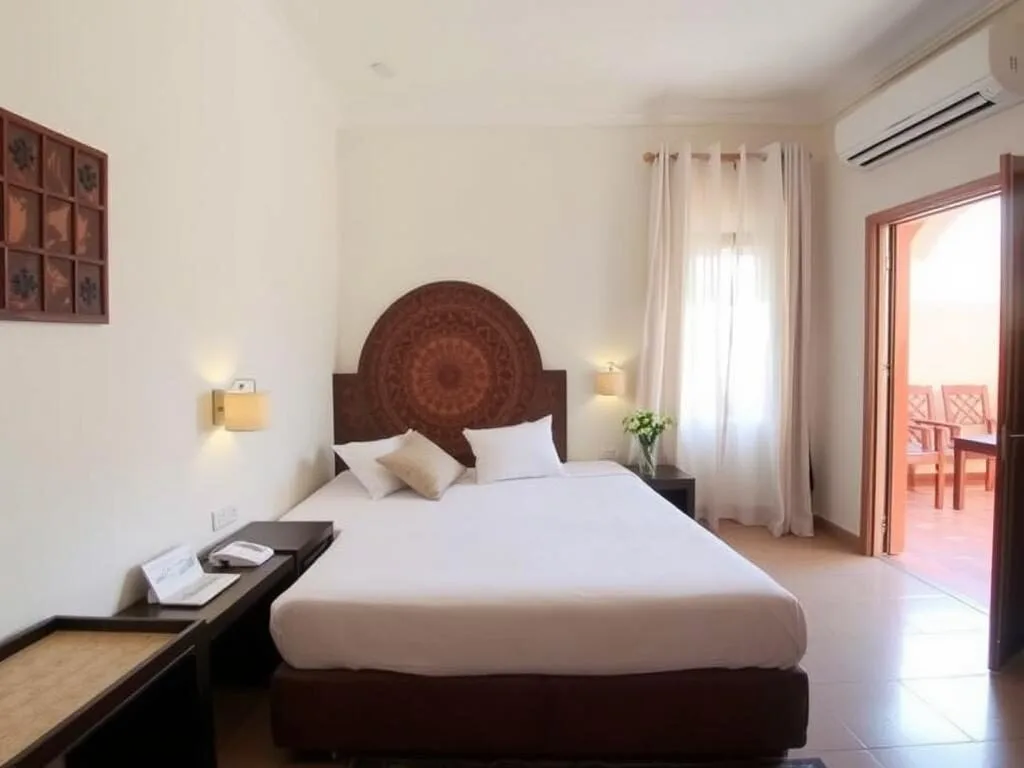Mid-range hotel room in Sidi Slimane with modern amenities and traditional touches