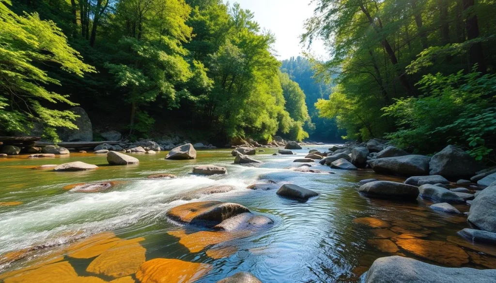 Middle Fork River at Audra State Park with clear water flowing over rocks Middle Fork River at Audra State Park with clear water flowing over rocks