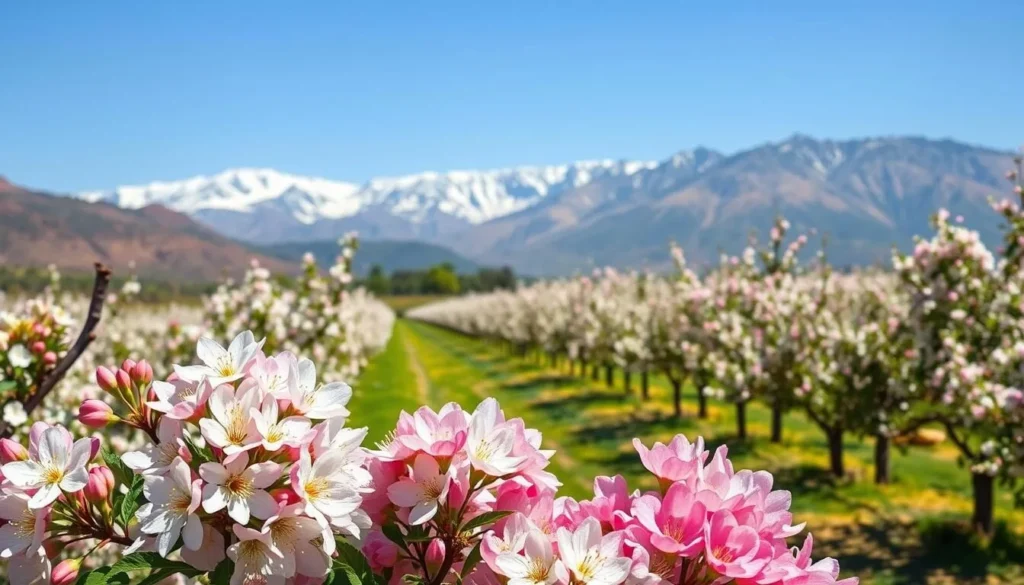 Midelt Morocco in spring with apple blossoms and Atlas Mountains in the background