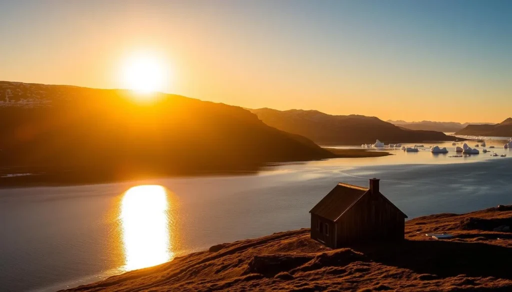 Midnight sun over Etah, Greenland with golden light illuminating the fjord Midnight sun over Etah, Greenland with golden light illuminating the fjord
