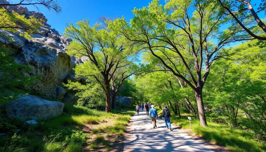 Miller Springs Nature Center in Temple Texas with hiking trails through wooded area and limestone formations Miller Springs Nature Center in Temple Texas with hiking trails through wooded area and limestone formations