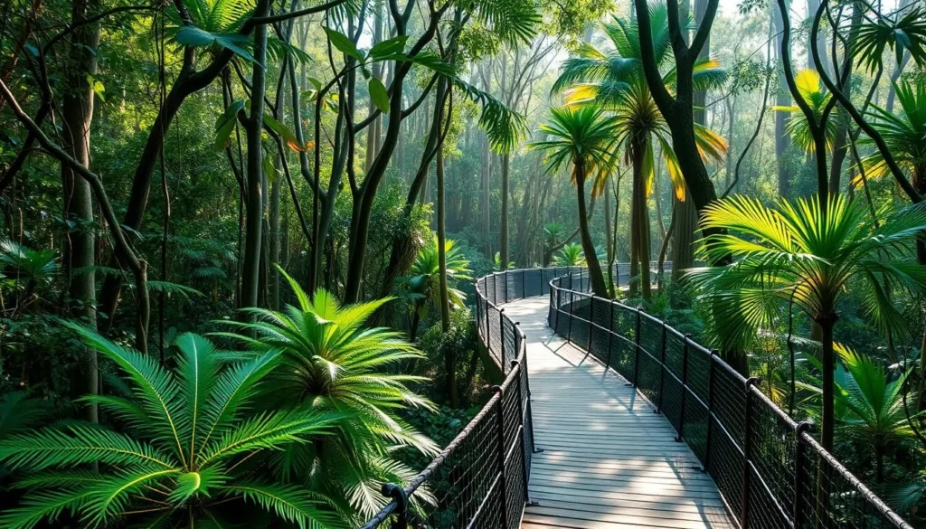 Minnamurra Rainforest elevated walkway through lush subtropical forest
