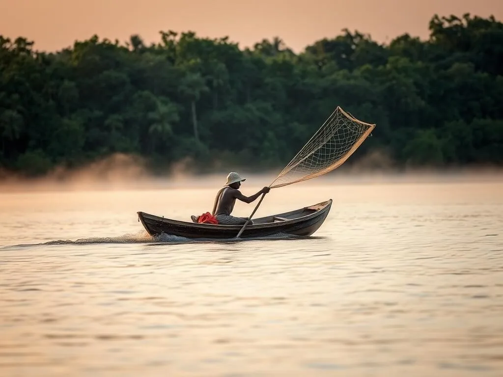 Miskito fisherman in a traditional wooden canoe casting a net in the waters of Rio Kruta