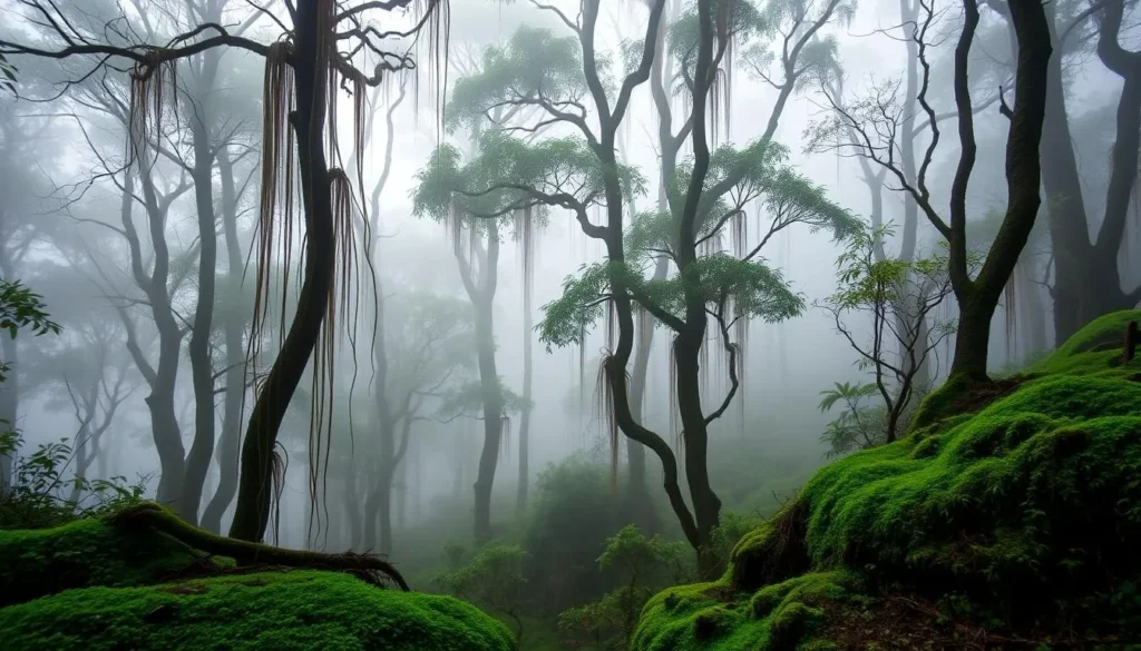 Misty cloud forest landscape in Montecristo Trifinio National Park during the rainy season