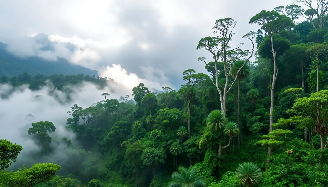 Misty cloud forest landscape of La Muralla National Park, Honduras with lush green vegetation