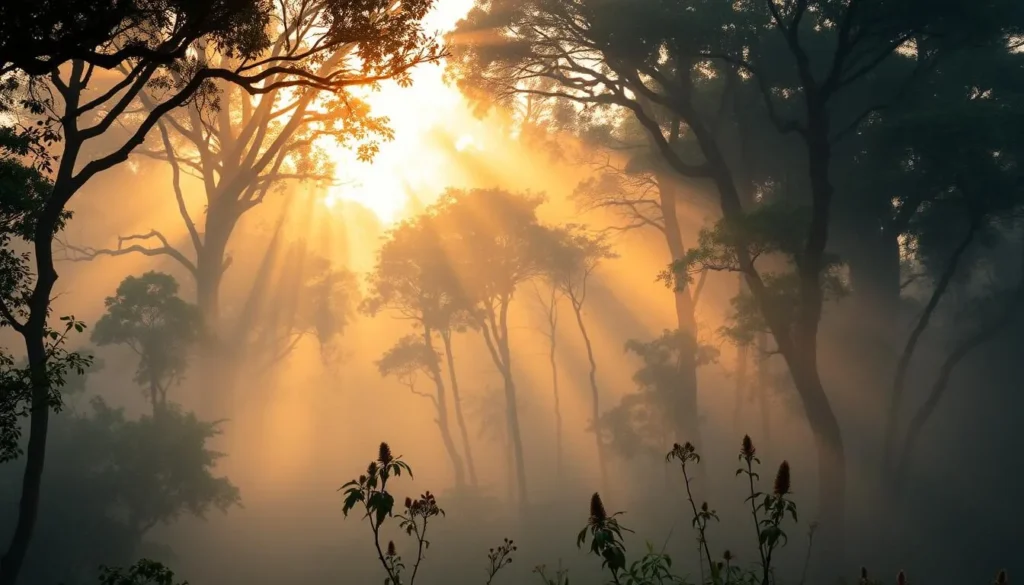 Misty morning in Analamazaotra National Park during dry season