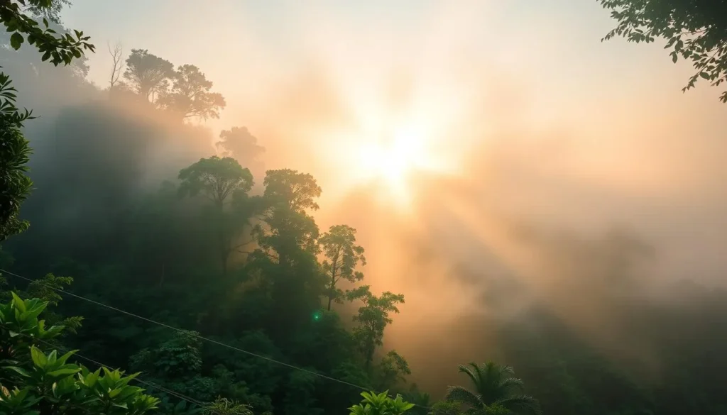 Misty morning in Kayan Mentarang National Park with sunlight filtering through the rainforest canopy