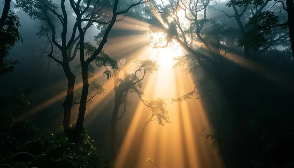 Misty morning in South Bukit Barisan National Park during dry season with sunlight filtering through the trees