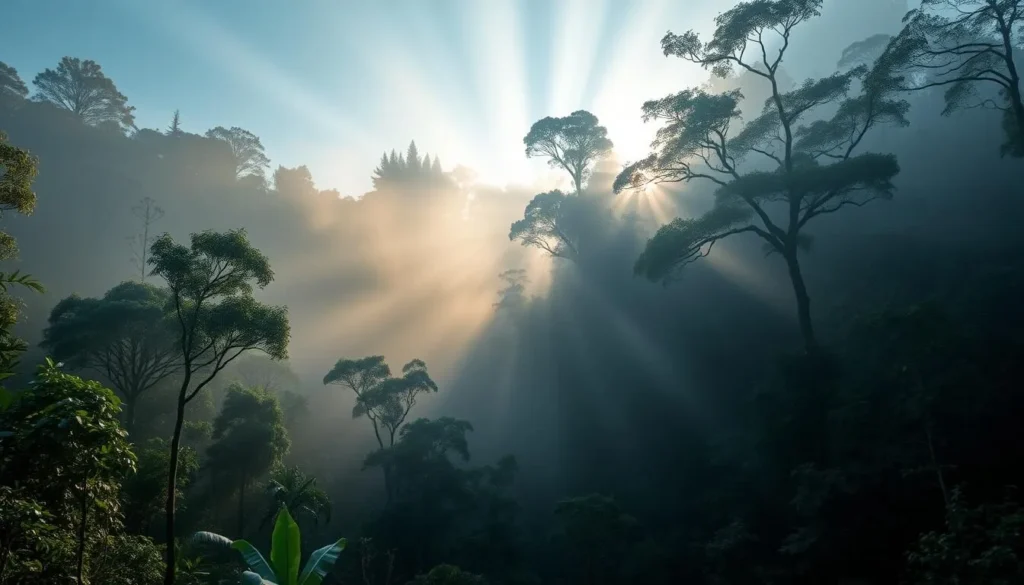 Misty morning landscape in Batang Gadis National Park during dry season with sunlight filtering through the forest canopy