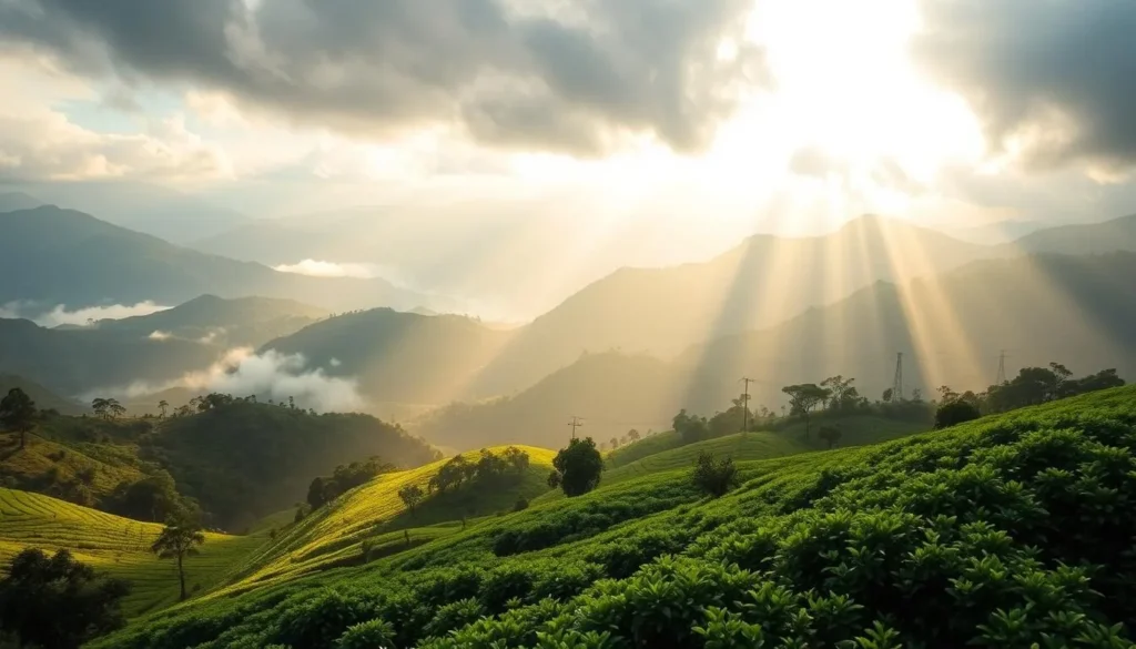 Misty morning view of Ella Gap with tea plantations and mountains in golden light