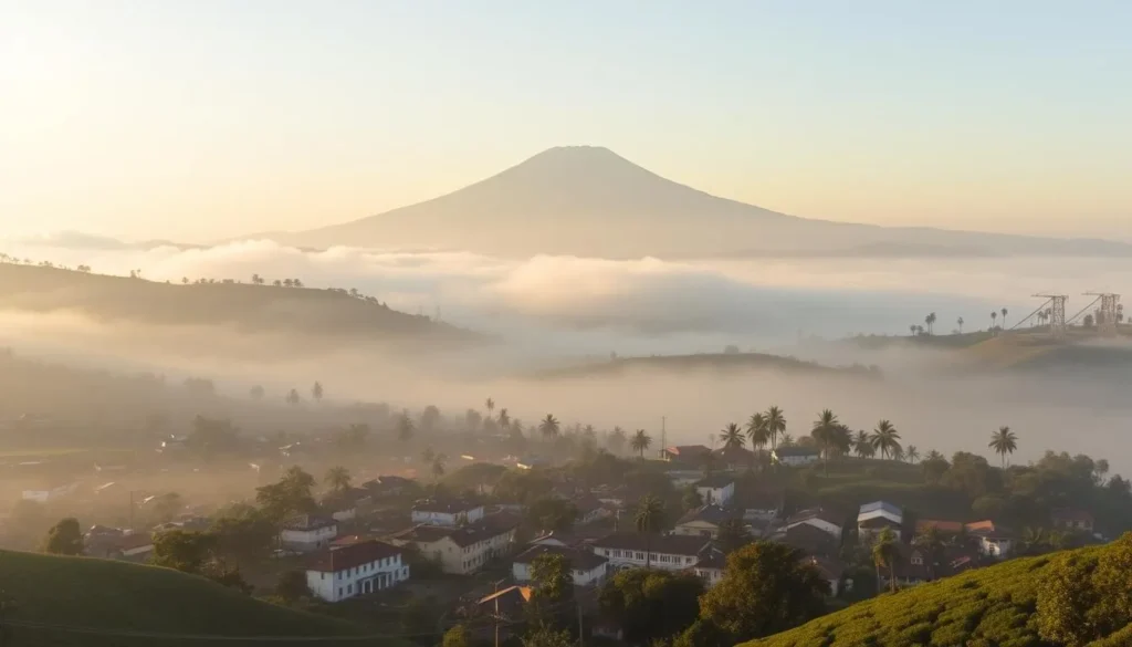 Misty morning view of Nuwara Eliya town with Pidurutalagala mountain in the background