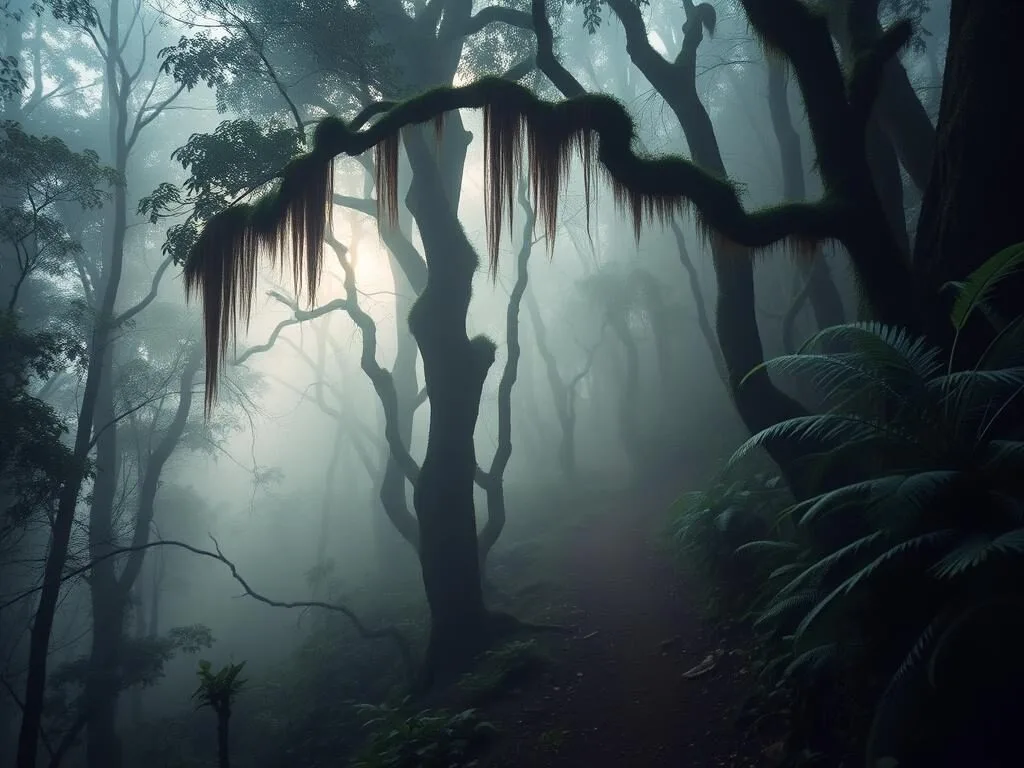 Misty rainforest trail in Analamazaotra National Park