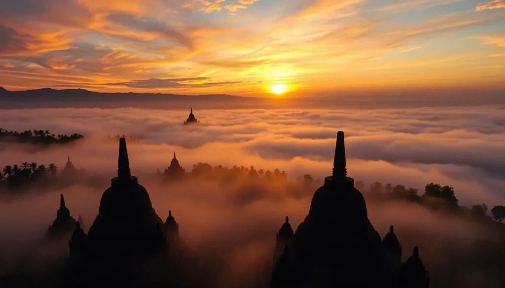 Misty sunrise over Borobudur Temple from Setumbu Hill, Magelang, Indonesia things to do