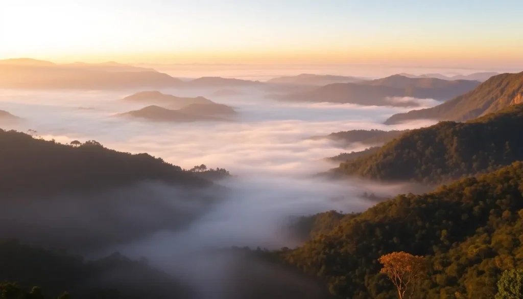 Misty sunrise over Tully Gorge with fog slowly clearing to reveal the rainforest below