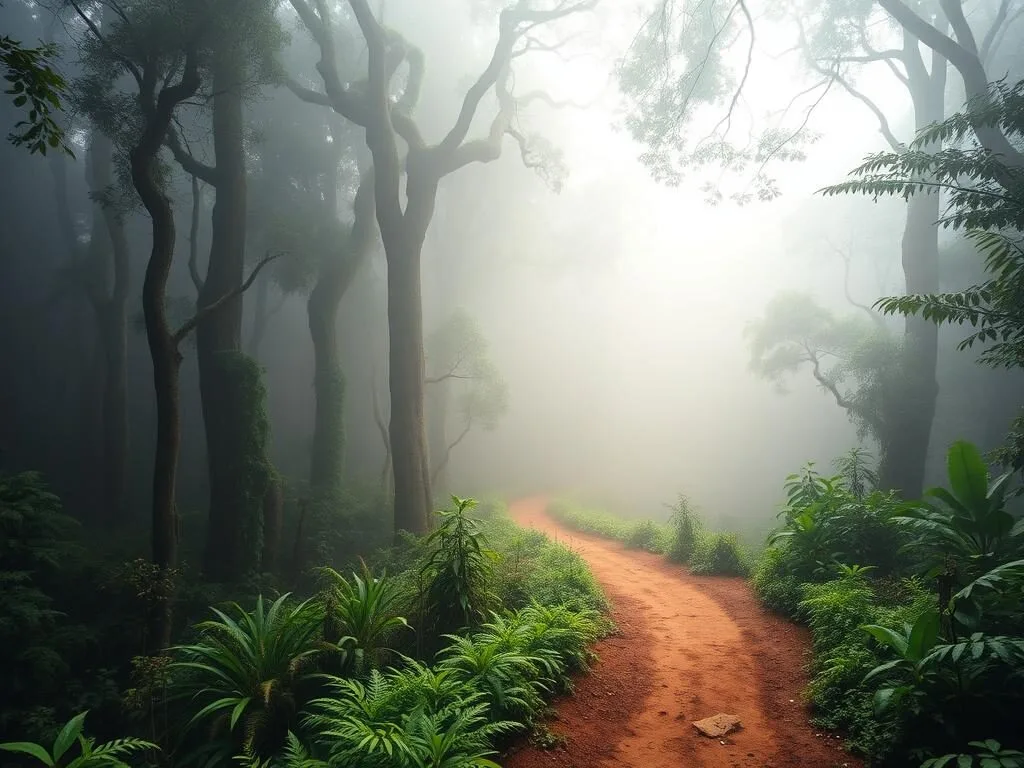 Misty trail in La Muralla National Park during dry season with sunlight filtering through trees