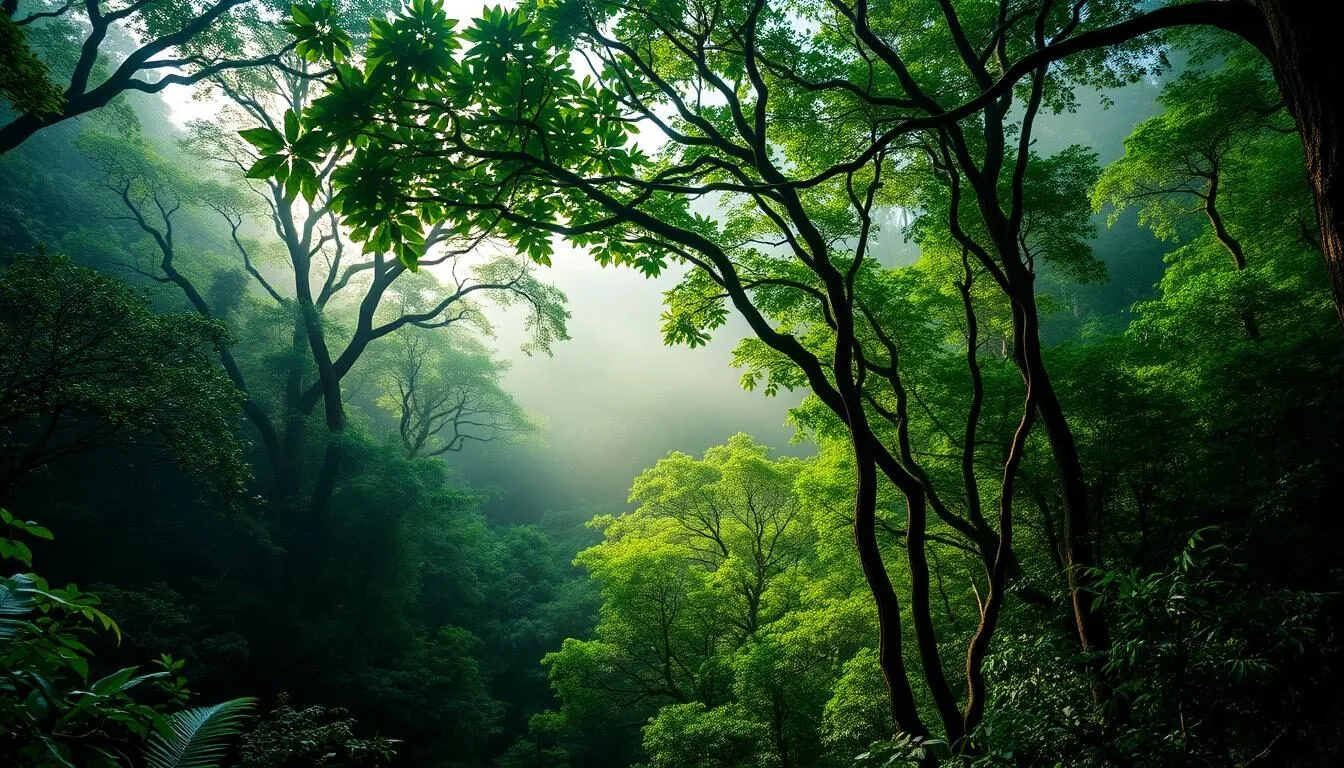 Misty view of El Yunque Rainforest during the dry season with sunlight filtering through the canopy
