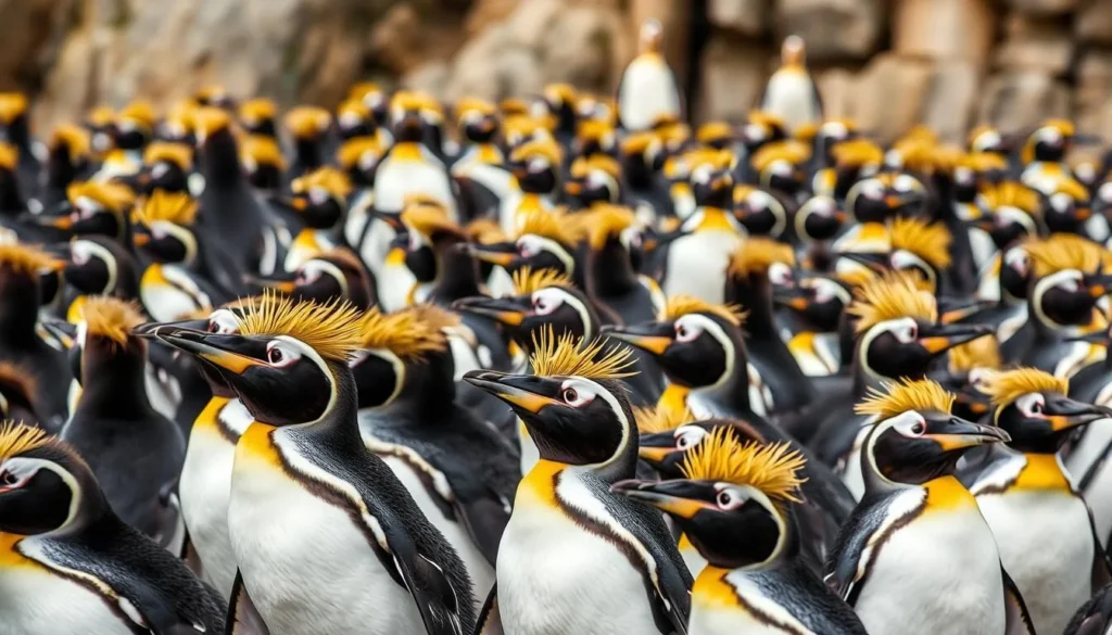 Mixed colony of rockhopper penguins and black-browed albatross on Saunders Island, Falkland Islands