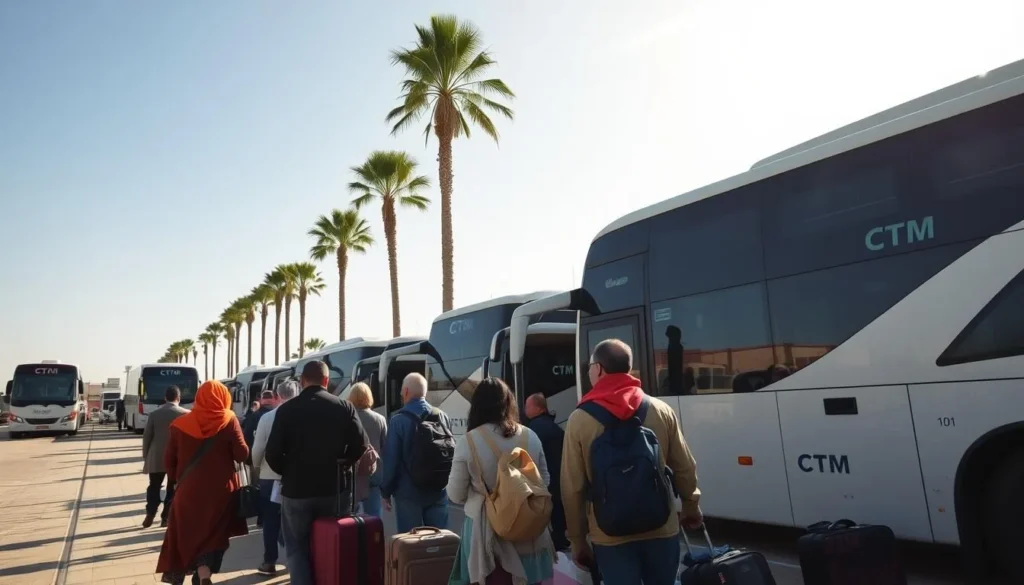 Modern bus station in Tiznit with travelers and luggage, showing transportation options to the city
