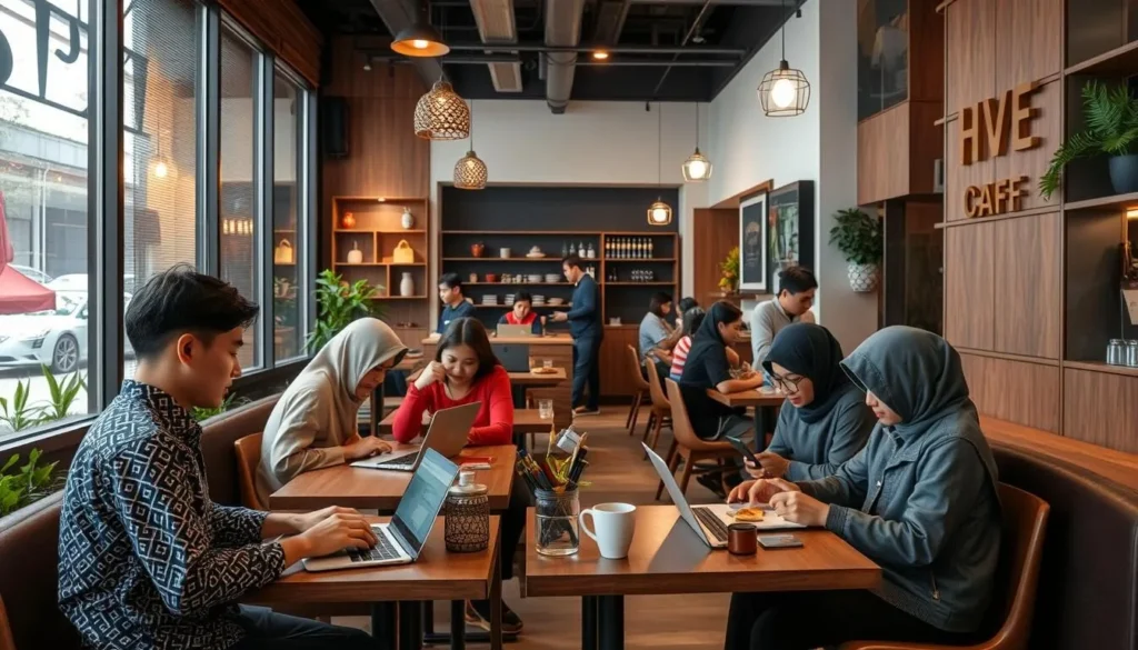 Modern cafe in Padang with people using laptops and smartphones, representing digital connectivity among things to do in Padang, Indonesia