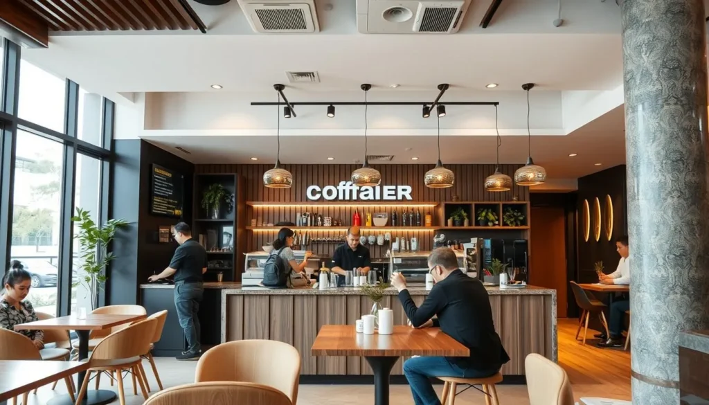 Modern coffee shop in BSD City with patrons enjoying Indonesian coffee