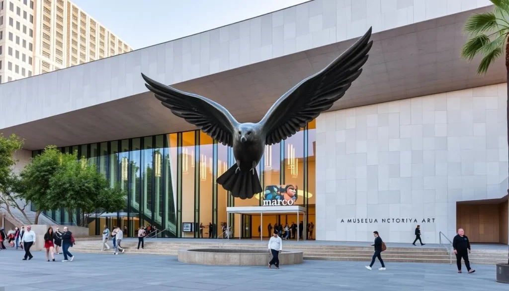 Modern exterior of the MARCO (Museum of Contemporary Art) in Monterrey with the iconic dove sculpture
