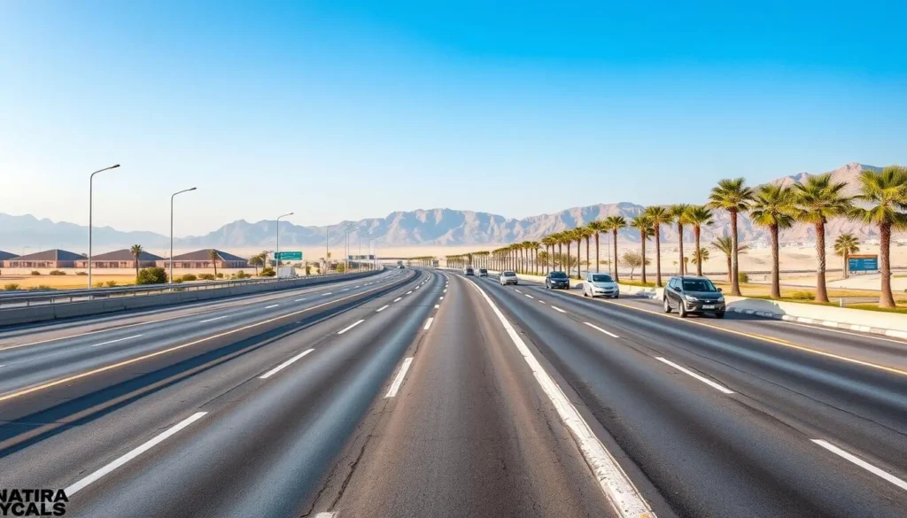 Modern highway in Seeb, Oman with cars and palm trees along the road