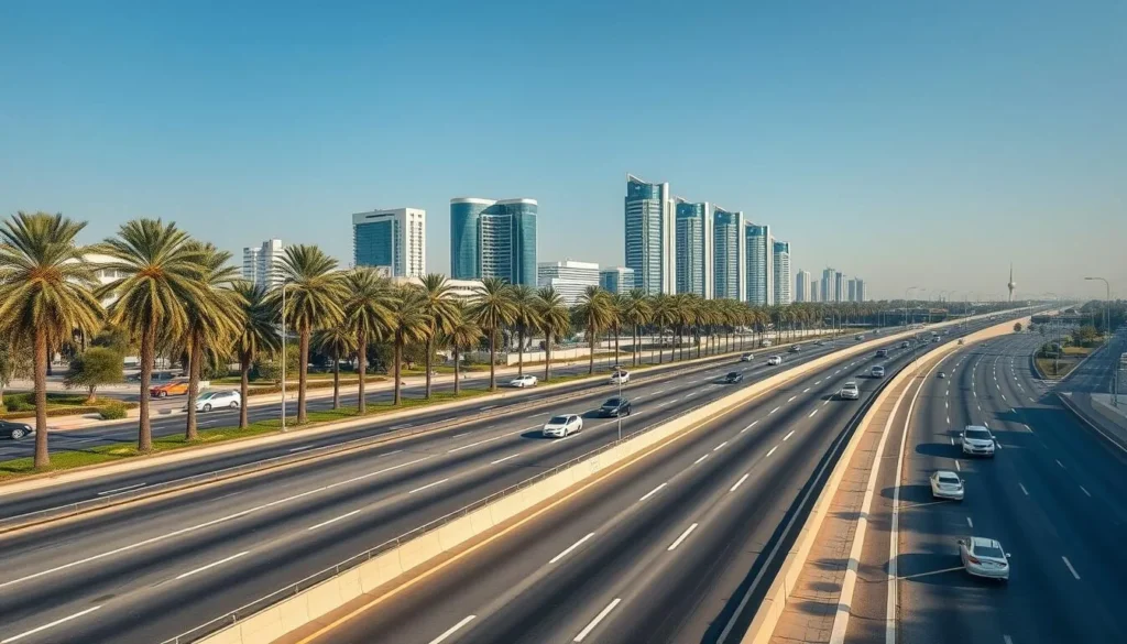 Modern highway system in Dhahran with cars and traffic