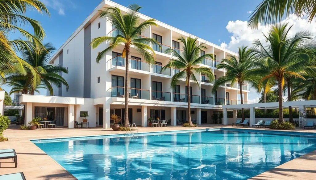 Modern hotel in Bayamon with swimming pool and palm trees