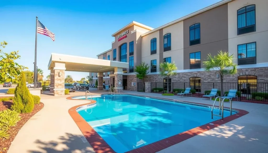 Modern hotel in Euless, Texas with swimming pool and landscaped grounds