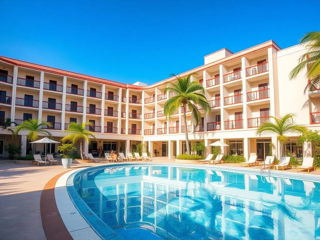 Modern hotel in Holguín city near Cacocum with swimming pool and palm trees